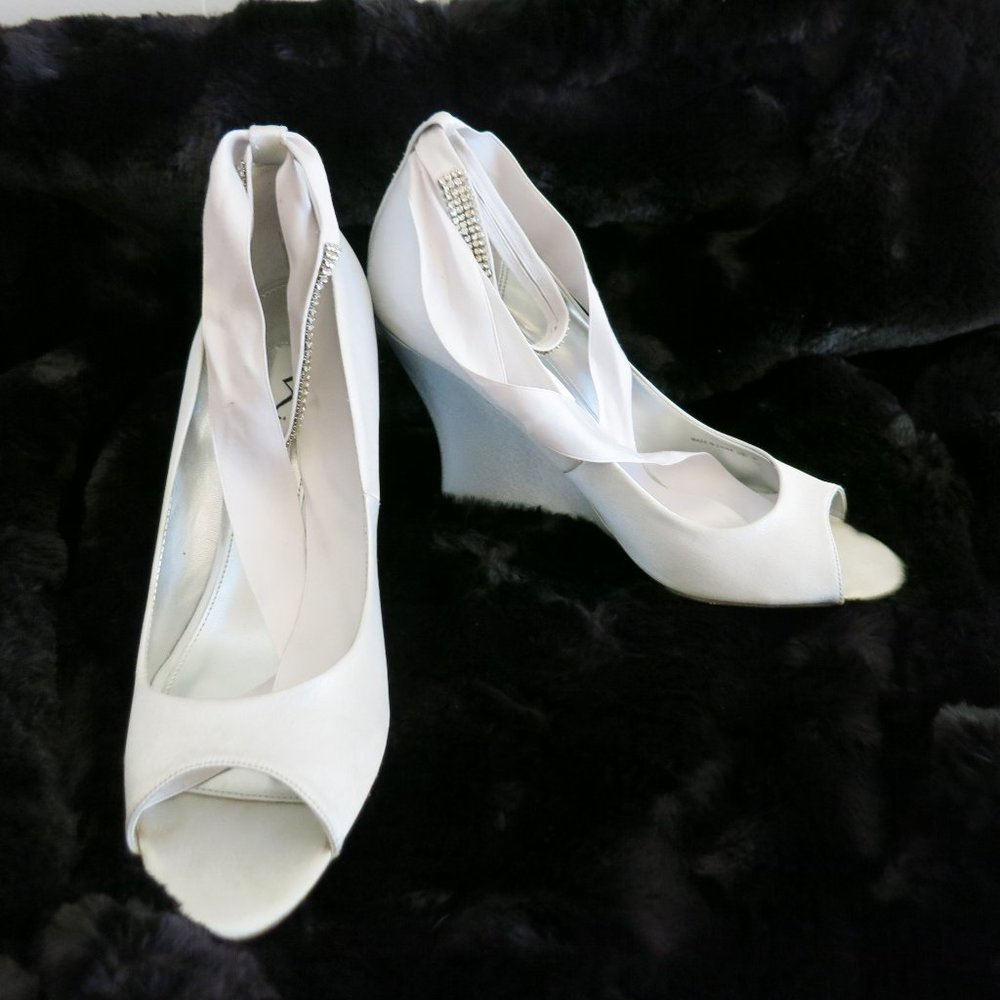 NINA 'Emma' Silver Satin Wedge Heel